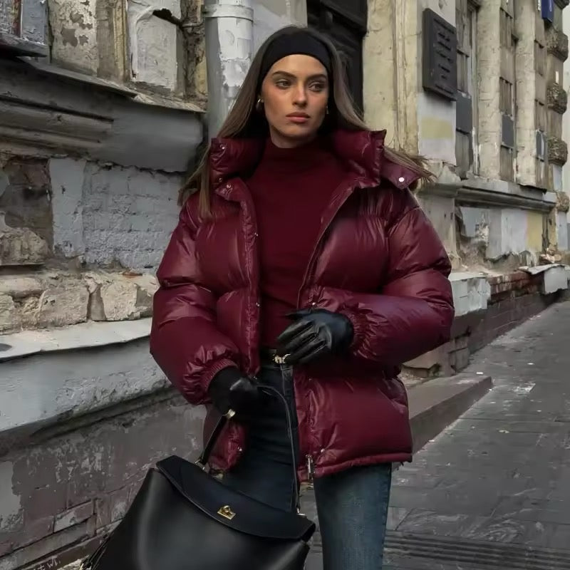 Gorgeous burgundy bio-down coat: warmth and comfort for all figures