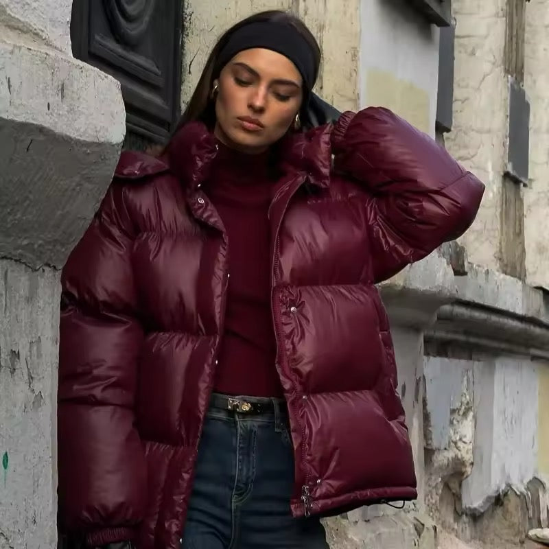 Gorgeous burgundy bio-down coat: warmth and comfort for all figures