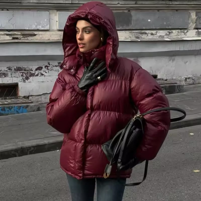 Gorgeous burgundy bio-down coat: warmth and comfort for all figures