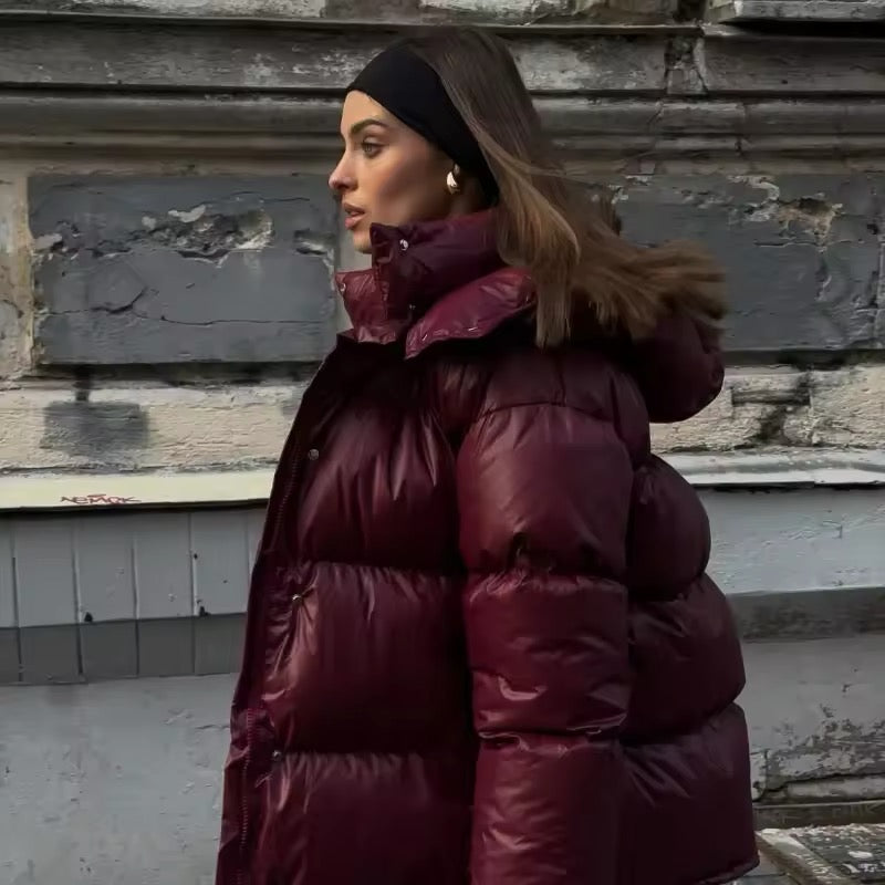 Gorgeous burgundy bio-down coat: warmth and comfort for all figures