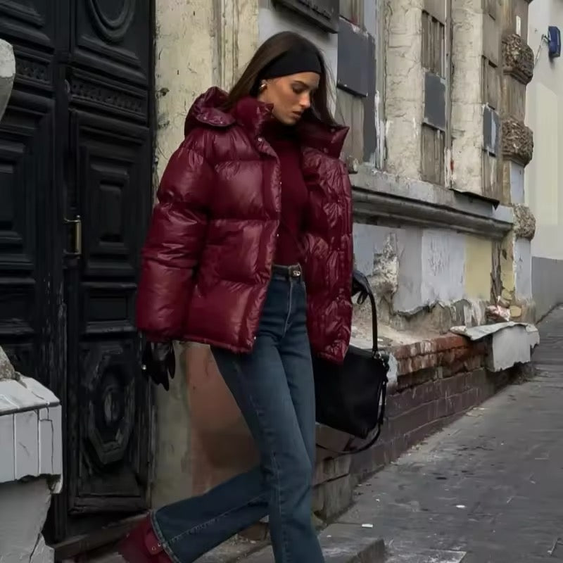 Gorgeous burgundy bio-down coat: warmth and comfort for all figures