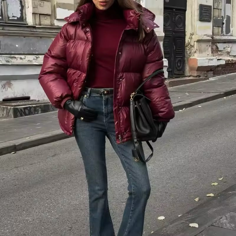 Gorgeous burgundy bio-down coat: warmth and comfort for all figures