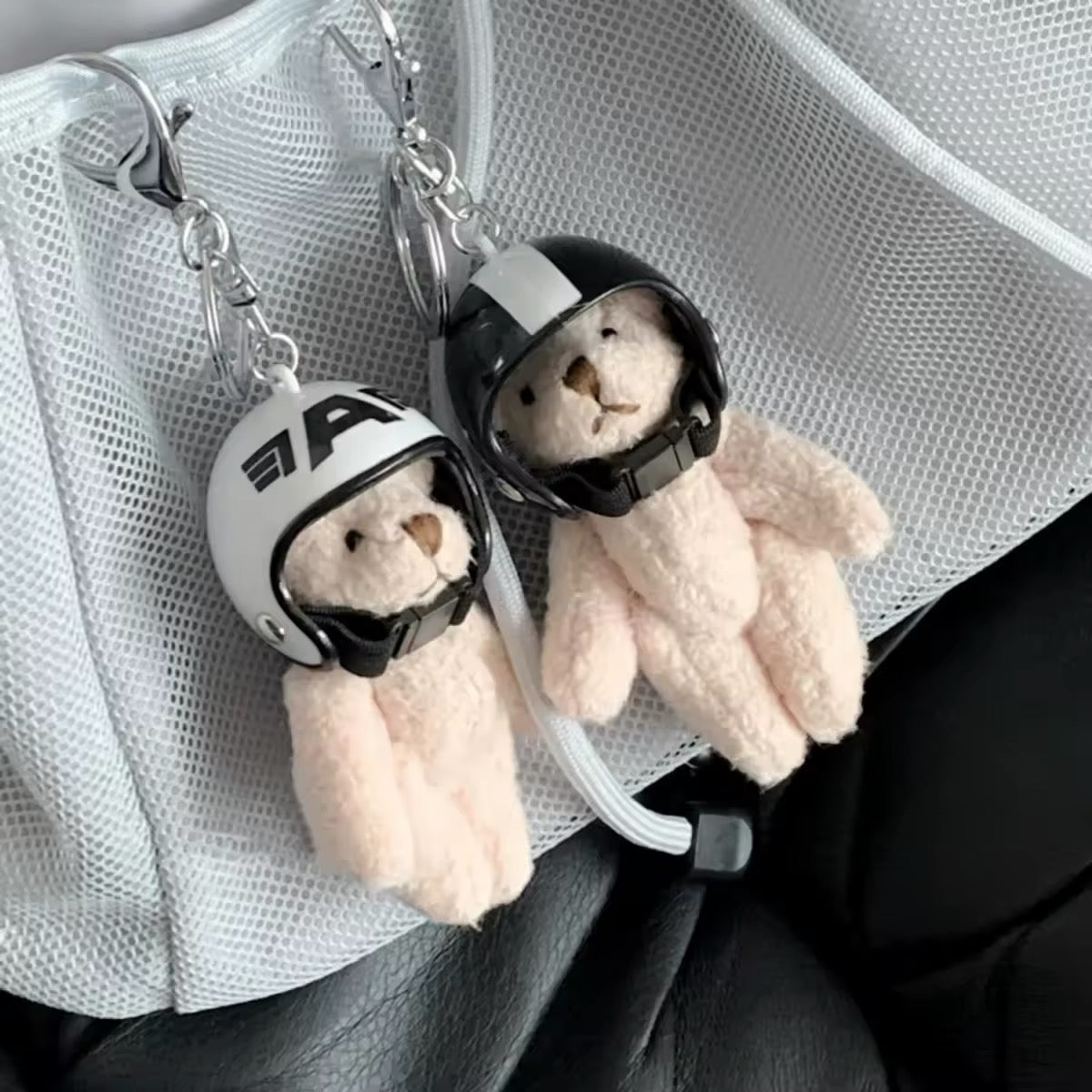 Keychain pendant for bag. Bear in helmet keychain