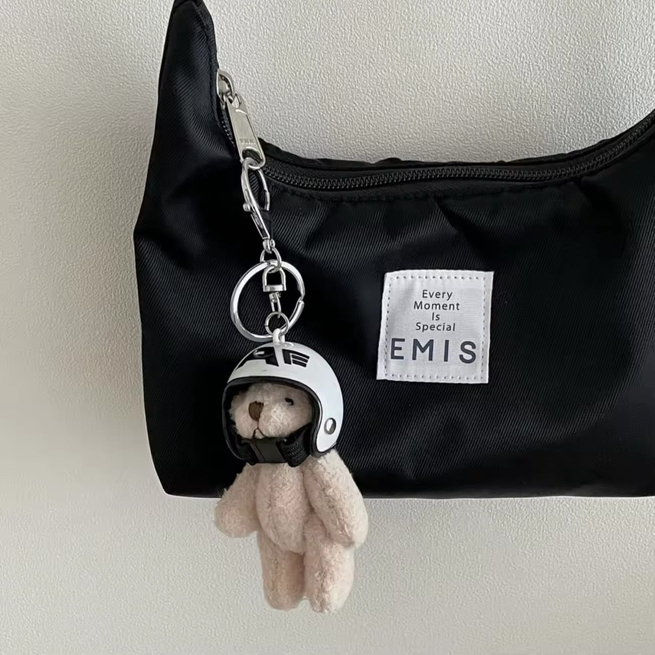 Keychain pendant for bag. Bear in helmet keychain
