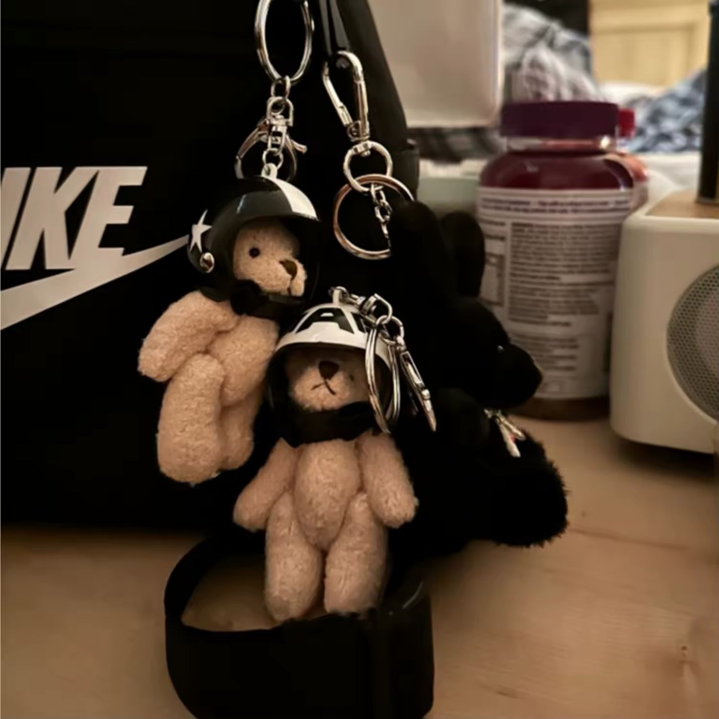 Keychain pendant for bag. Bear in helmet keychain