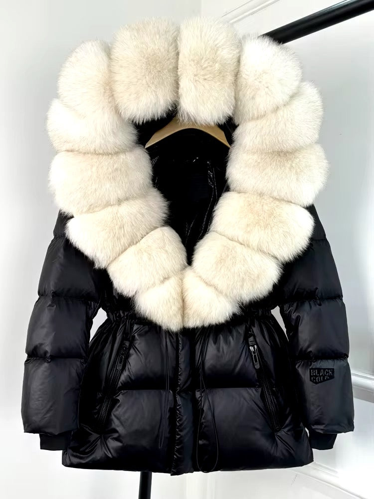 Elegant Black & Gold Plus Size Duck Down Jacket with Removable Fur – Chic & Cozy