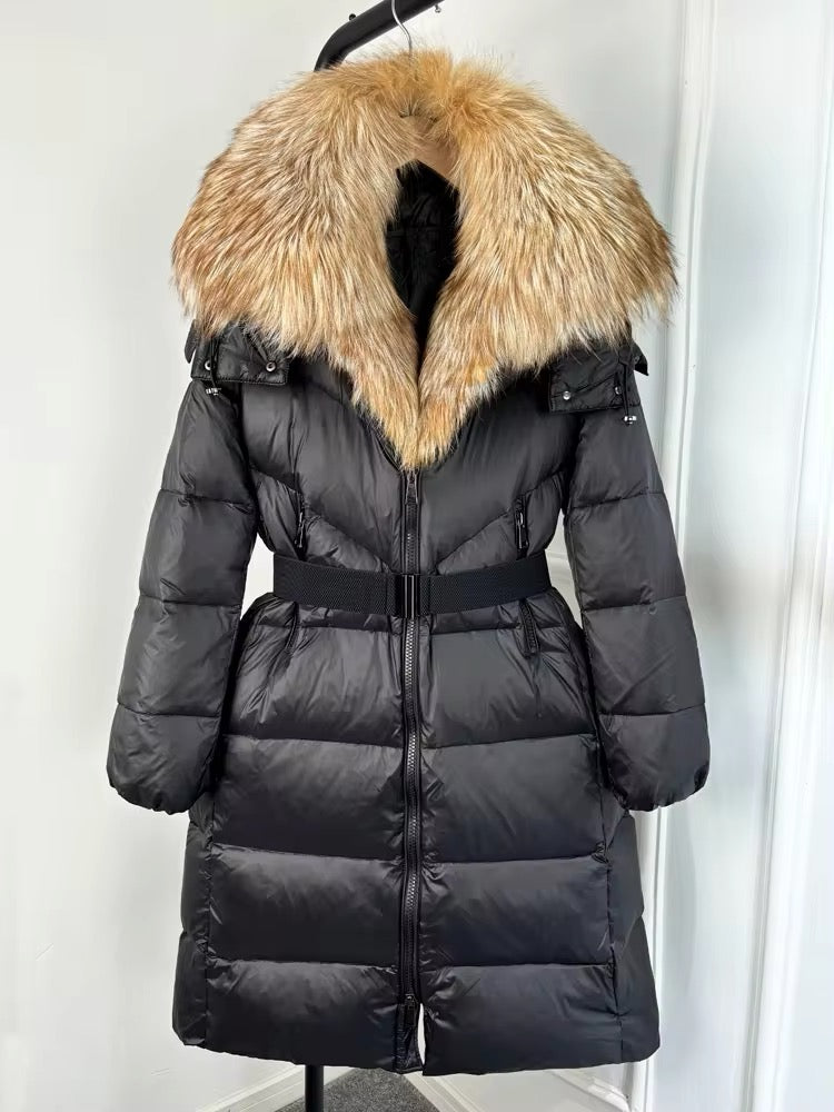 Luxurious Women's Long Duck Down Jacket with Real Fox Fur