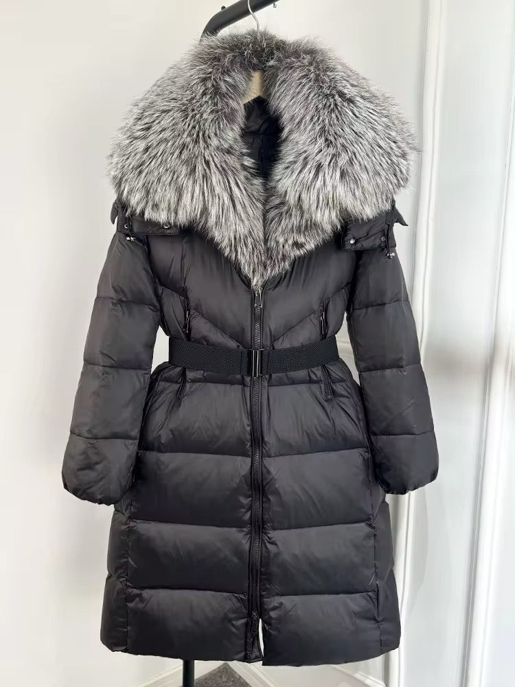 Luxurious Women's Long Duck Down Jacket with Real Fox Fur