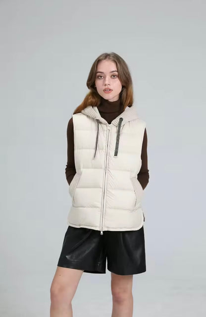 Cozy Chic: Women's Duck Down Vest with Knitted Hood