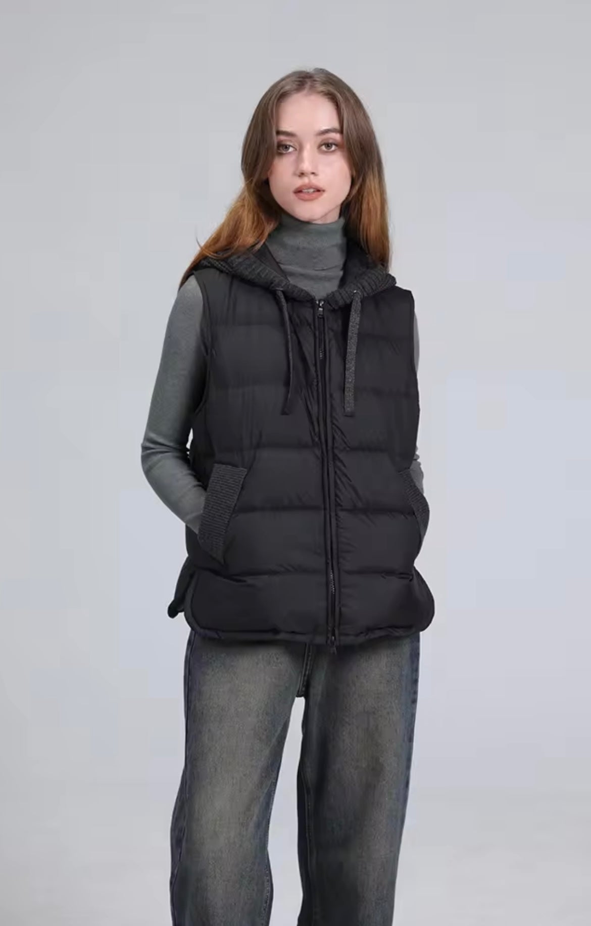 Cozy Chic: Women's Duck Down Vest with Knitted Hood