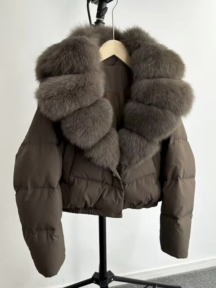 Luxurious Women's Short Down Jacket with Genuine Fur Trim. Oversized jacket plus size