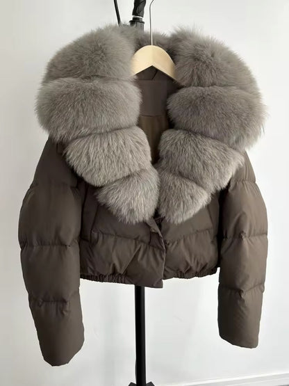 Luxurious Women's Short Down Jacket with Genuine Fur Trim. Oversized jacket plus size