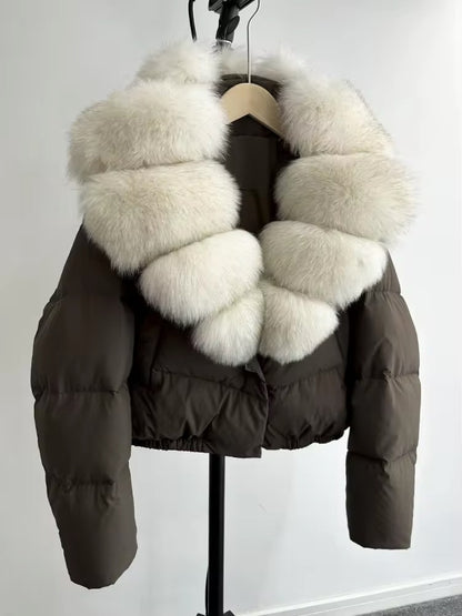 Luxurious Women's Short Down Jacket with Genuine Fur Trim. Oversized jacket plus size