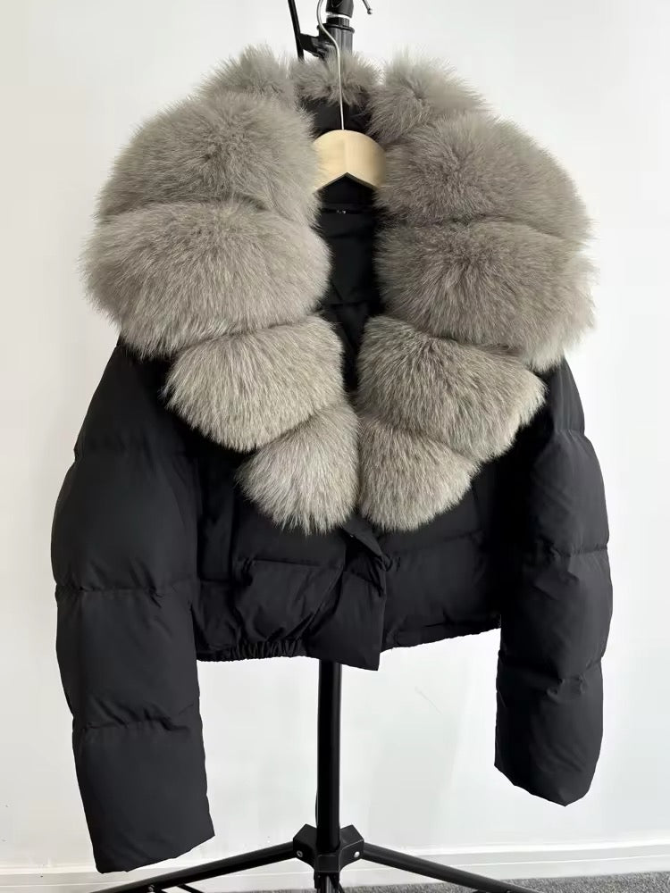 Luxurious Women's Short Down Jacket with Genuine Fur Trim. Oversized jacket plus size