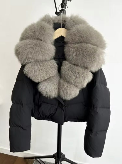 Luxurious Women's Short Down Jacket with Genuine Fur Trim. Oversized jacket plus size