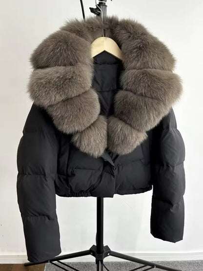 Luxurious Women's Short Down Jacket with Genuine Fur Trim. Oversized jacket plus size