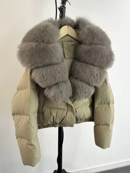 Luxurious Women's Short Down Jacket with Genuine Fur Trim. Oversized jacket plus size