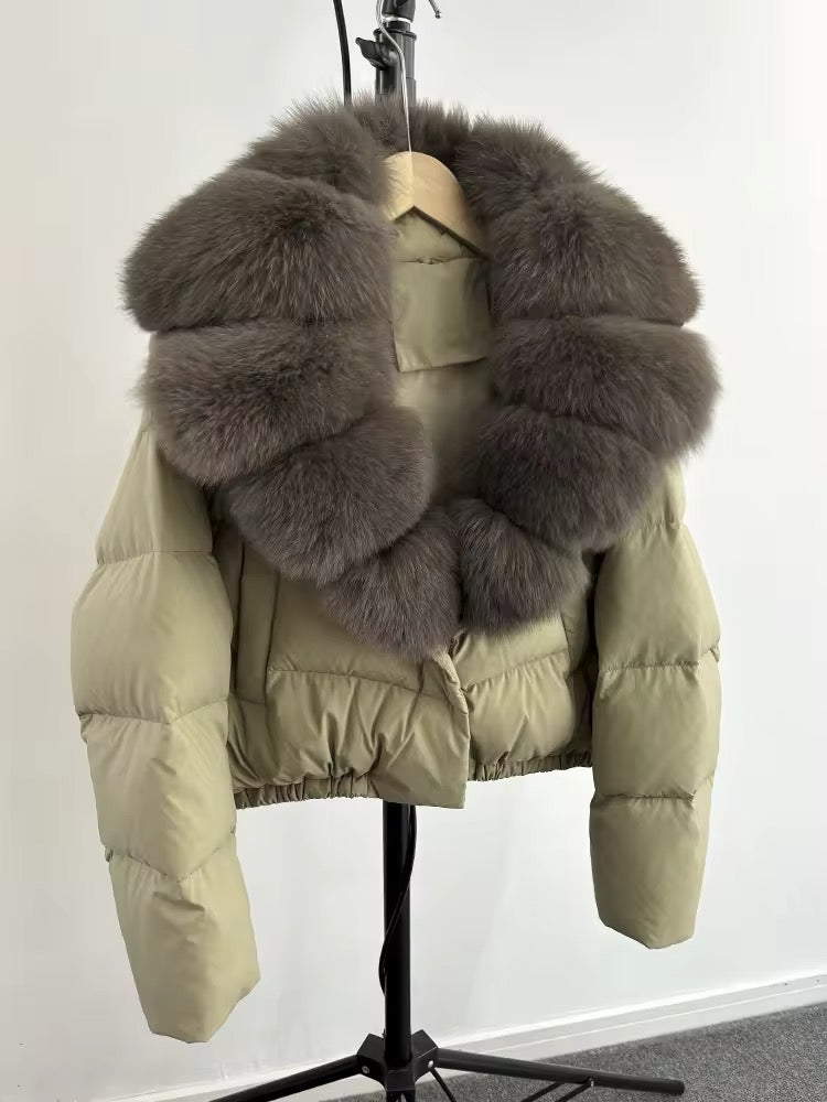 Luxurious Women's Short Down Jacket with Genuine Fur Trim. Oversized jacket plus size