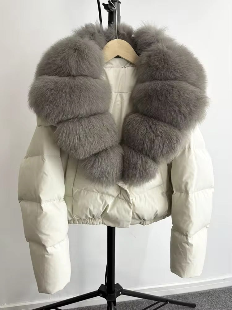 Luxurious Women's Short Down Jacket with Genuine Fur Trim. Oversized jacket plus size