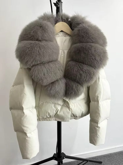 Luxurious Women's Short Down Jacket with Genuine Fur Trim. Oversized jacket plus size