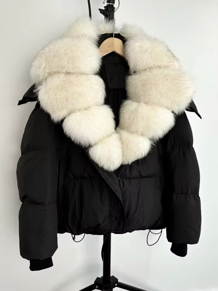 Luxurious Women's Duck Down Jacket with Natural Fur Collar & Removable Hood