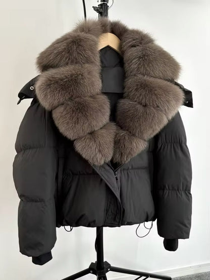 Luxurious Women's Duck Down Jacket with Natural Fur Collar & Removable Hood