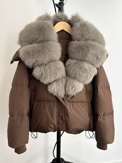 Luxurious Women's Duck Down Jacket with Natural Fur Collar & Removable Hood