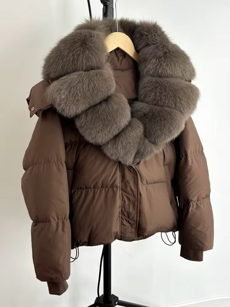 Luxurious Women's Duck Down Jacket with Natural Fur Collar & Removable Hood