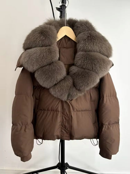 Luxurious Women's Duck Down Jacket with Natural Fur Collar & Removable Hood