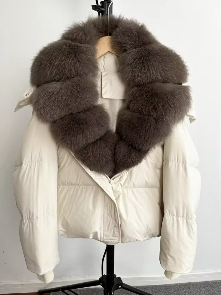 Luxurious Women's Duck Down Jacket with Natural Fur Collar & Removable Hood