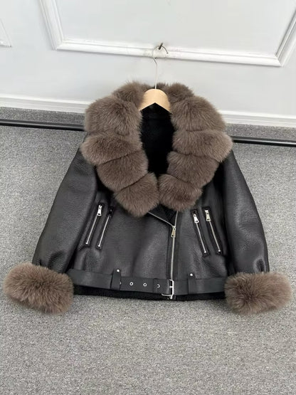 Luxurious Women's Eco-Leather Sheepskin Coat with Natural Fur