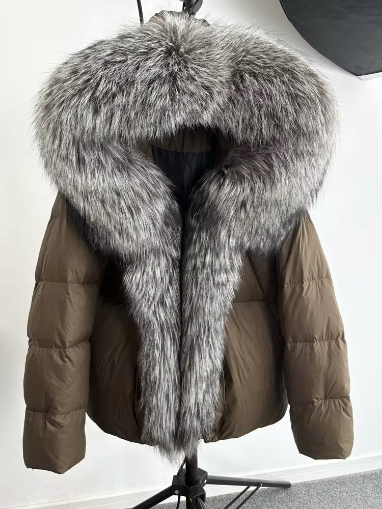 Elegant Women's Plus Size Duck Down Jacket with Real Fur. Women's Plus Size Jacket