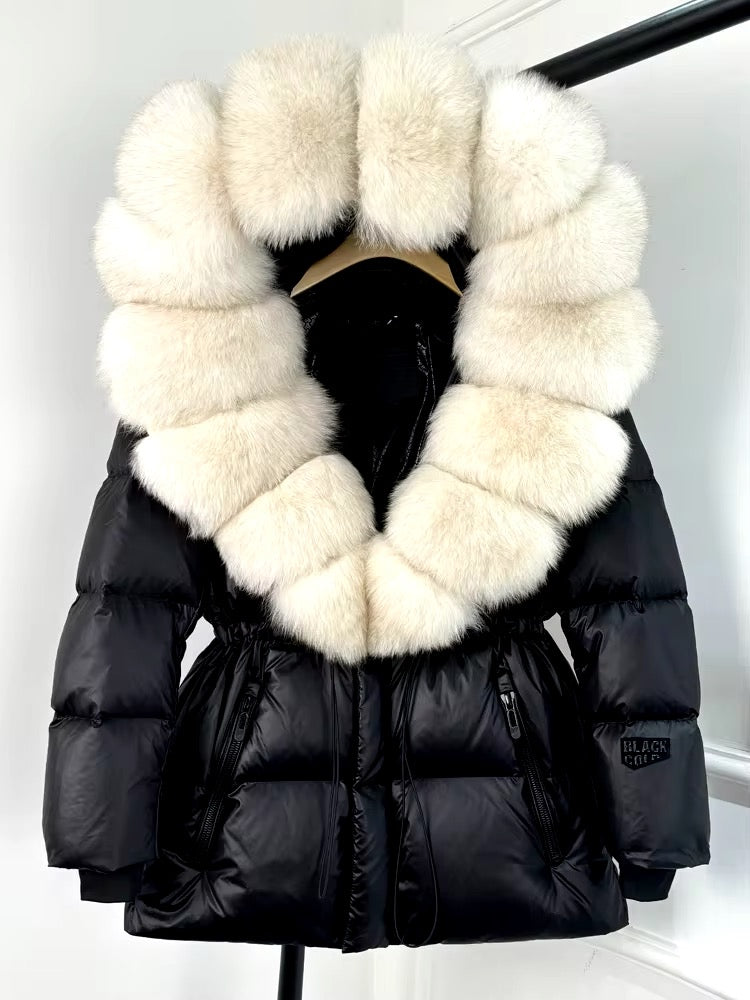 Elegant Black & Gold Plus Size Duck Down Jacket with Removable Fur – Chic & Cozy