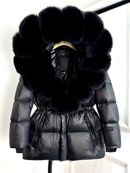 Elegant Black & Gold Plus Size Duck Down Jacket with Removable Fur – Chic & Cozy