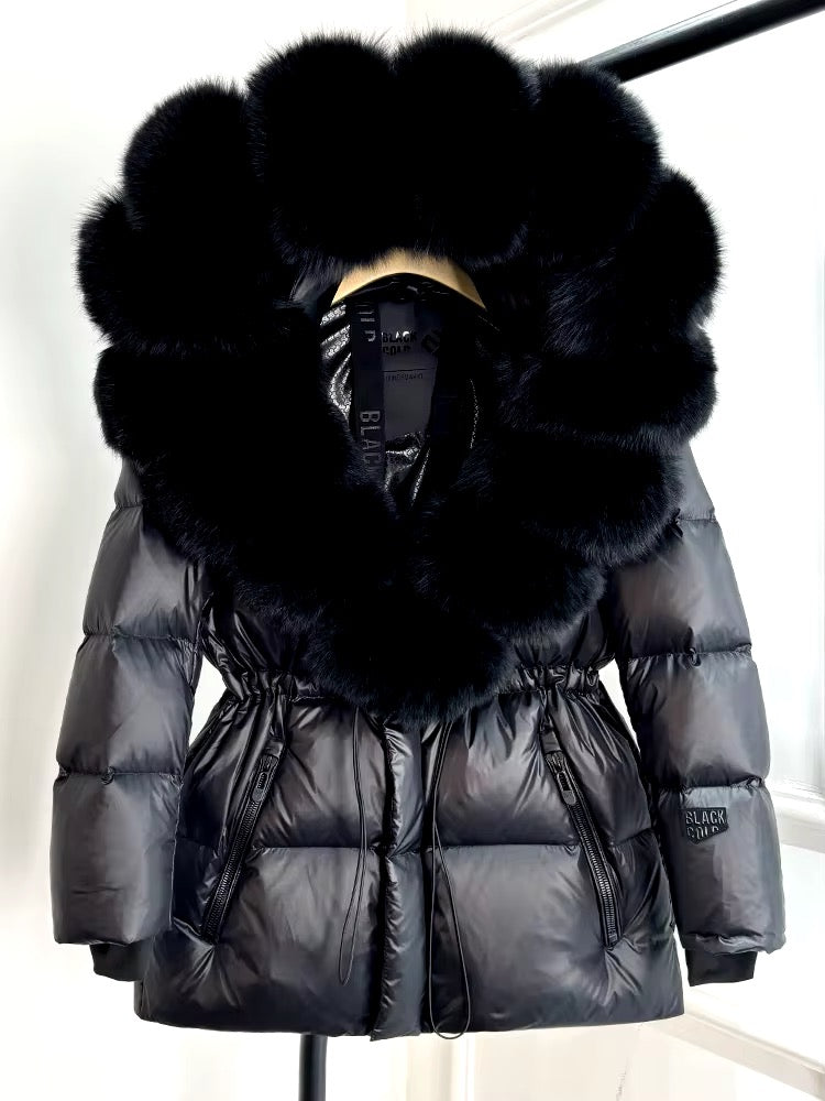 Elegant Black & Gold Plus Size Duck Down Jacket with Removable Fur – Chic & Cozy