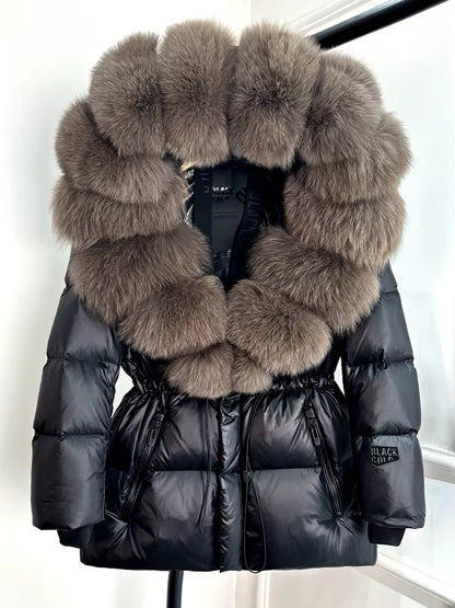 Elegant Black & Gold Plus Size Duck Down Jacket with Removable Fur – Chic & Cozy