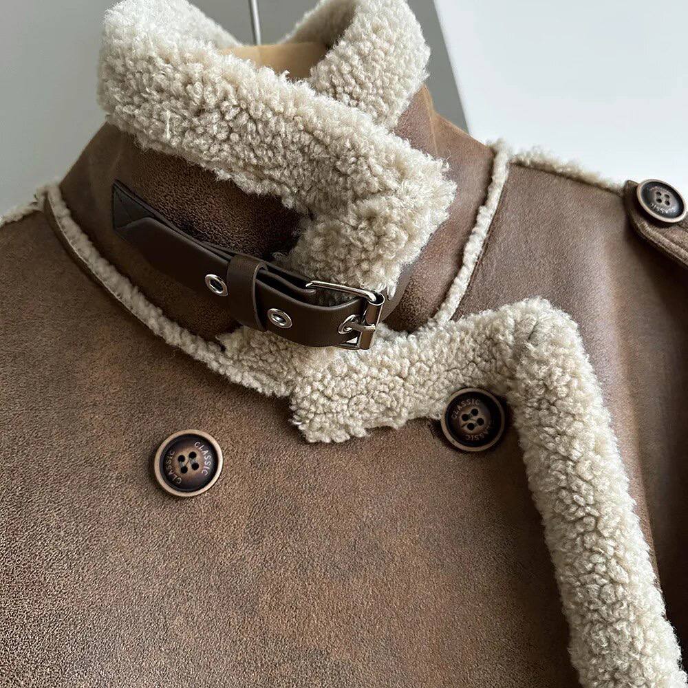 Winter luxury: a long faux leather coat lined with real shearling for maximum warmth and style