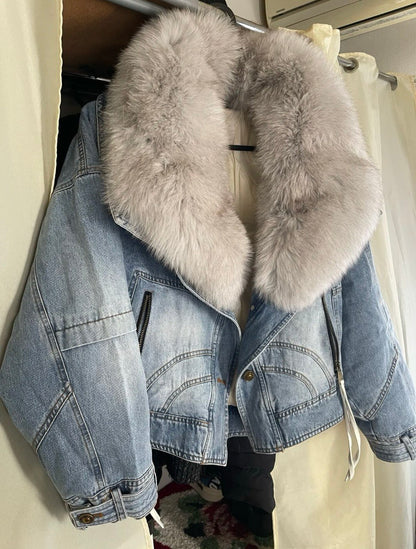 Denim Chic: Women's Jacket with Natural Fur and Cozy Duck Down Lining