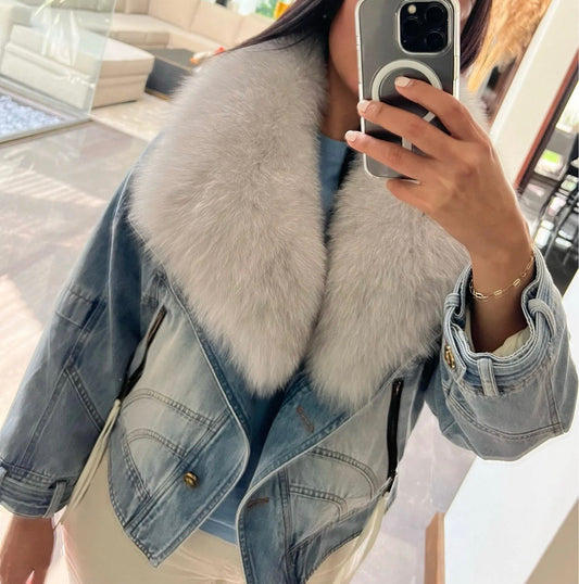 Denim Chic: Women's Jacket with Natural Fur and Cozy Duck Down Lining