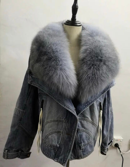 Denim Chic: Women's Jacket with Natural Fur and Cozy Duck Down Lining