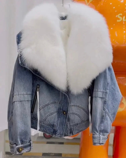 Denim Chic: Women's Jacket with Natural Fur and Cozy Duck Down Lining