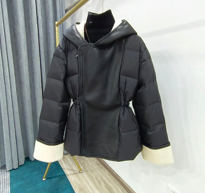 Shearling Sophistication: Women's Sheepskin Coat with Duck Down Hood