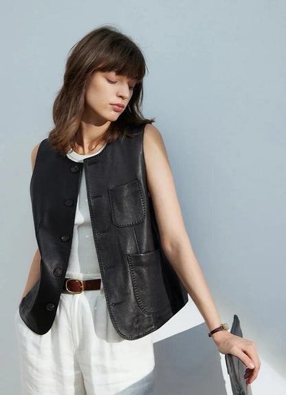 Fashion Genuine Leather Sheepskin Sleeveless Jacket Women Female Slim Suit Collar Pockets