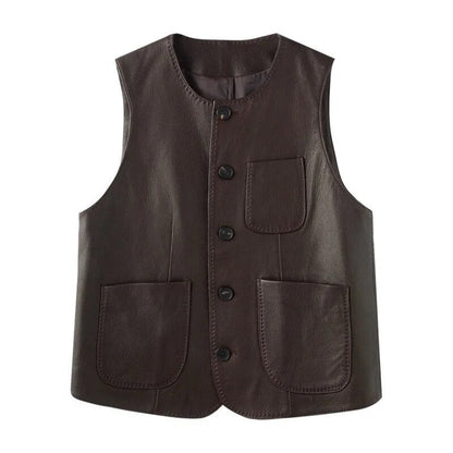 Fashion Genuine Leather Sheepskin Sleeveless Jacket Women Female Slim Suit Collar Pockets