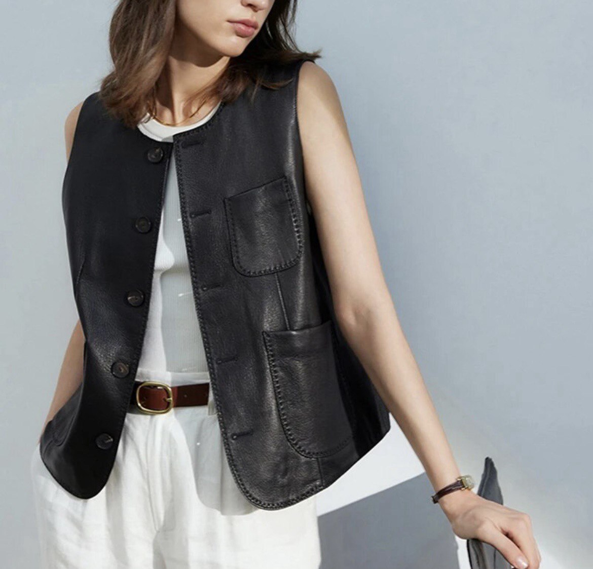 Fashion Genuine Leather Sheepskin Sleeveless Jacket Women Female Slim Suit Collar Pockets