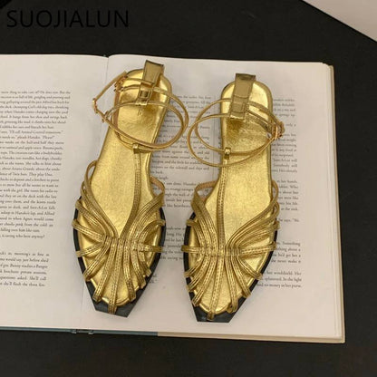 Sommer Chic: Neue Marke Damen Gold Flache Sandalen / Slingback mit schmalem Fesselriemchen