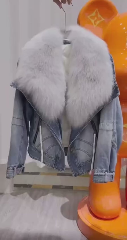 Denim Chic: Women's Jacket with Natural Fur and Cozy Duck Down Lining