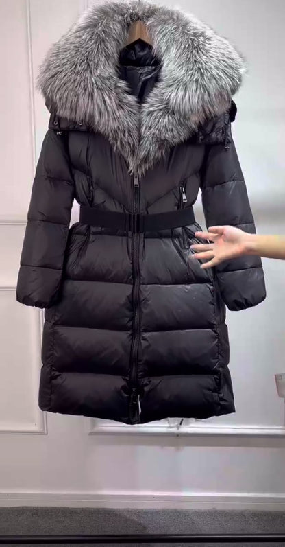 Luxurious Women's Long Duck Down Jacket with Real Fox Fur