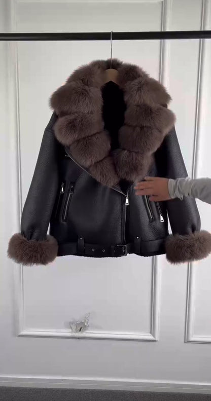 Luxurious Women's Eco-Leather Sheepskin Coat with Natural Fur