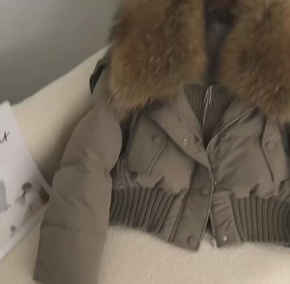 Luxe Warmth: Short women's duck down jacket with Natural fur - Stylish Winter Comfort